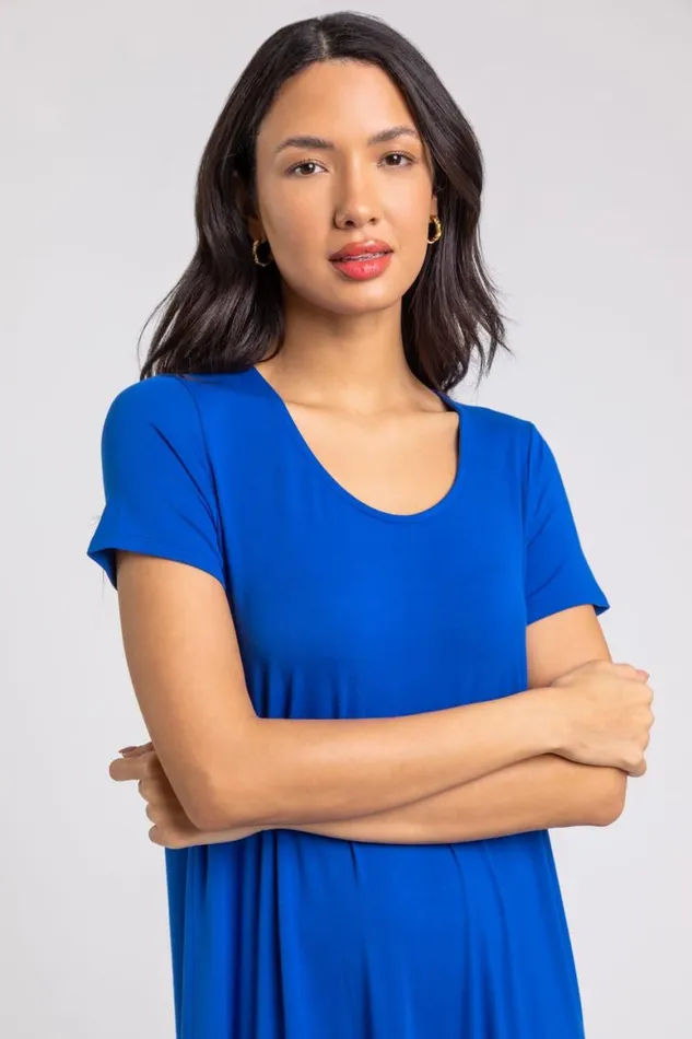 Women Royal Blue Tiered Hem Jersey Midi Dress Roman Dresses