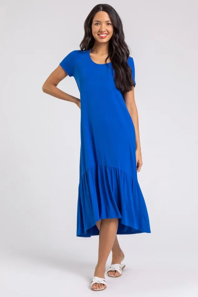 Women Royal Blue Tiered Hem Jersey Midi Dress Roman Dresses