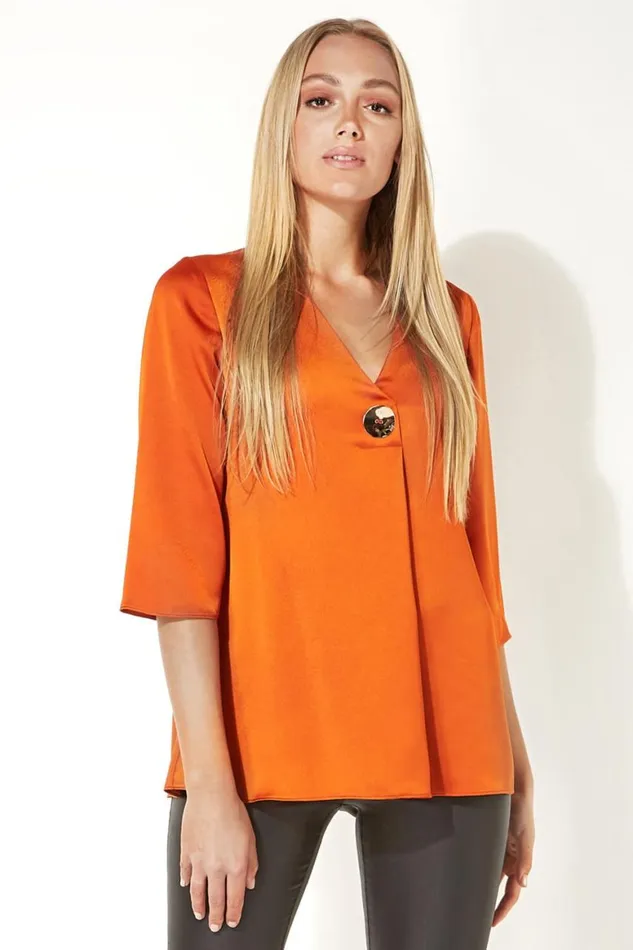 Women Rust Button 34 Sleeve Oversized Top Roman Tops