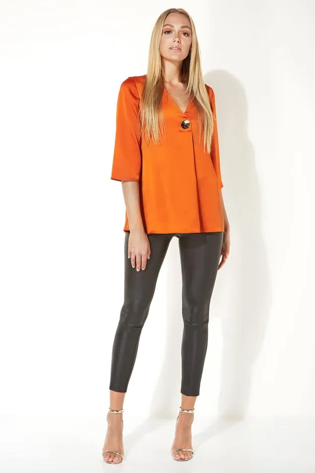 Women Rust Button 34 Sleeve Oversized Top Roman Tops
