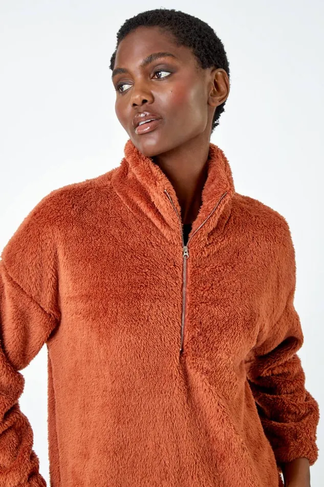 Women Rust Half Zip Sherpa Fleece Sweatshirt Roman Jackets