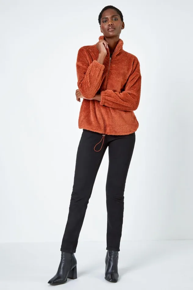 Women Rust Half Zip Sherpa Fleece Sweatshirt Roman Jackets