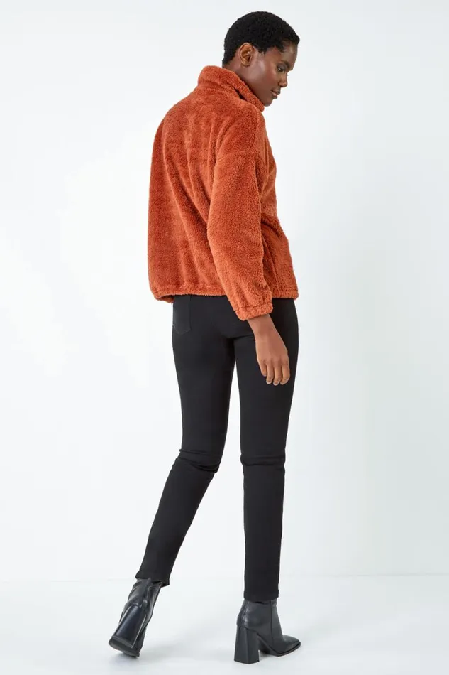Women Rust Half Zip Sherpa Fleece Sweatshirt Roman Jackets