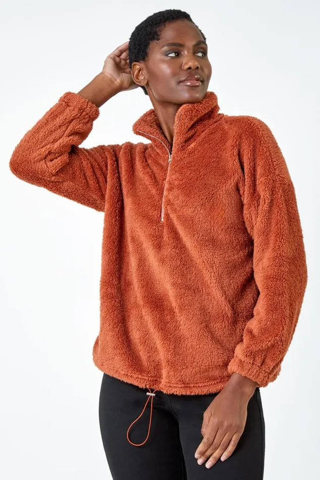 Women Rust Half Zip Sherpa Fleece Sweatshirt Roman Jackets