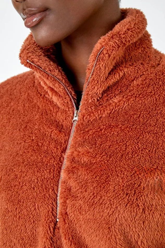 Women Rust Half Zip Sherpa Fleece Sweatshirt Roman Jackets