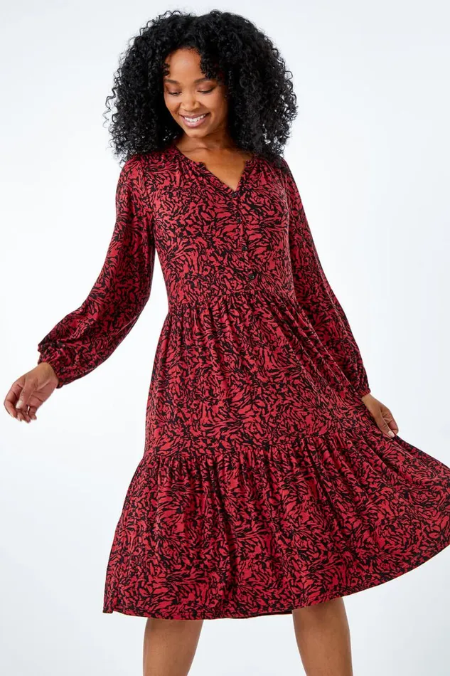 Women Rust Petite Animal Tiered Stretch Dress Roman Dresses