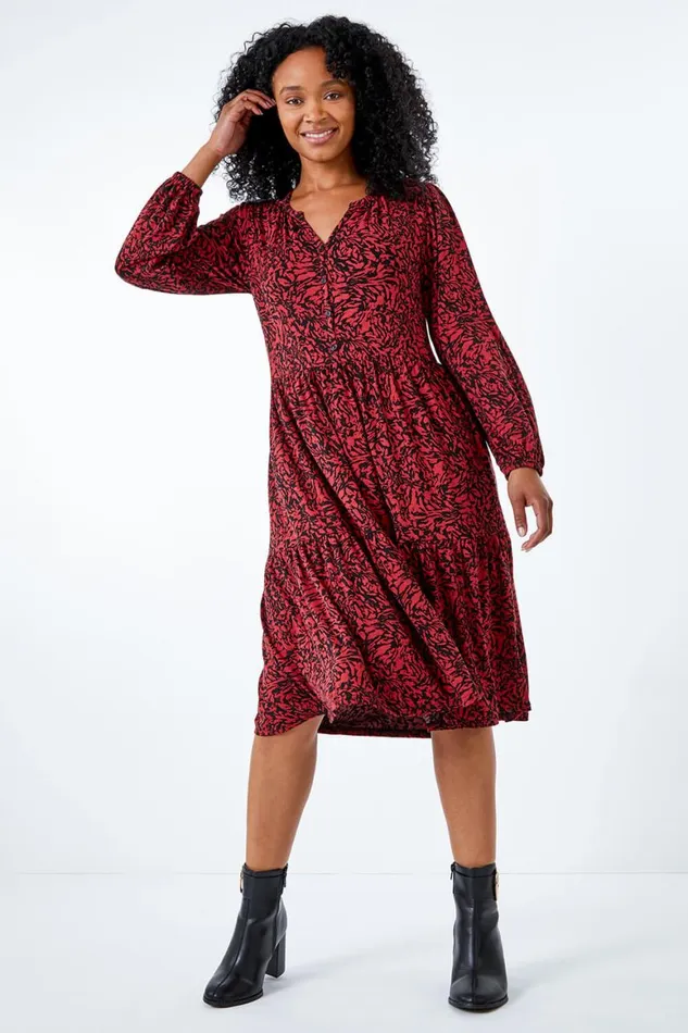 Women Rust Petite Animal Tiered Stretch Dress Roman Dresses