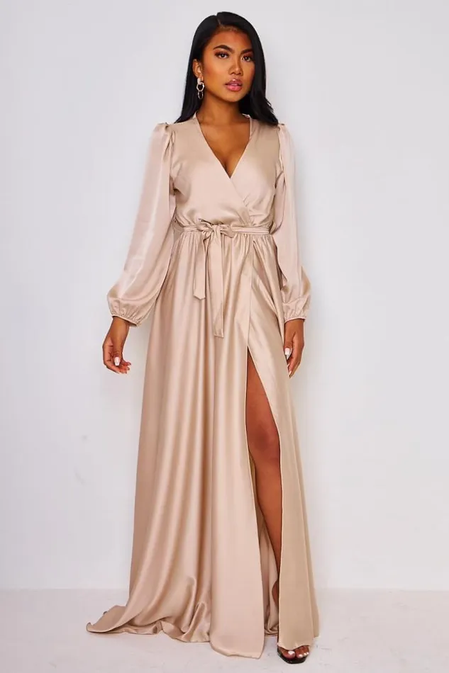 Women Satin Belted Maxi Dress In Beige Beige Brentiny Paris Satin Dresses
