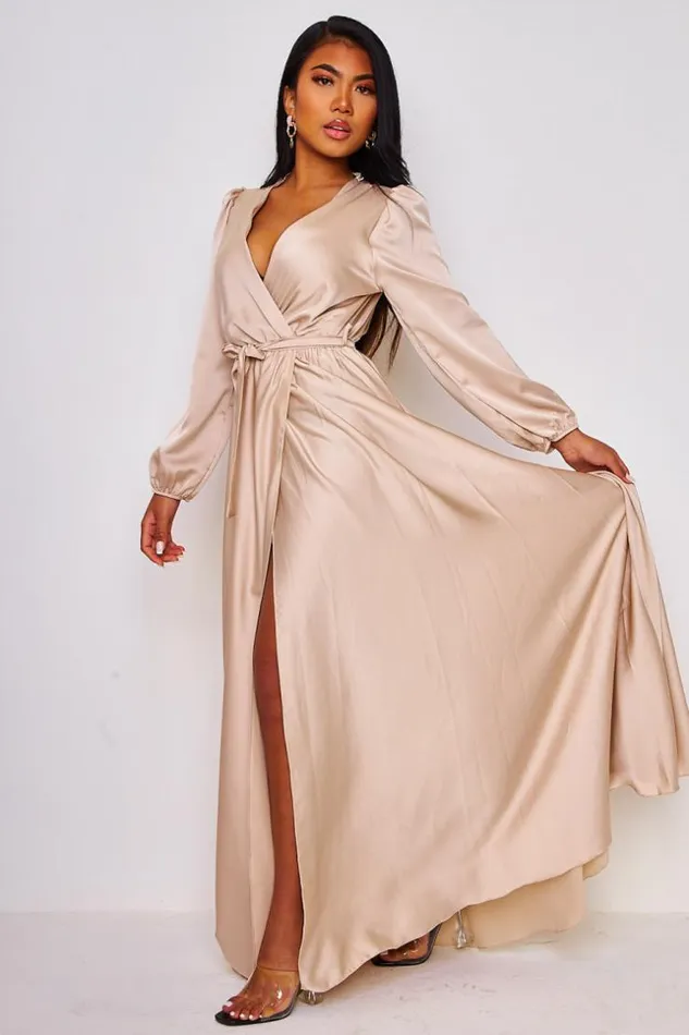 Women Satin Belted Maxi Dress In Beige Beige Brentiny Paris Satin Dresses