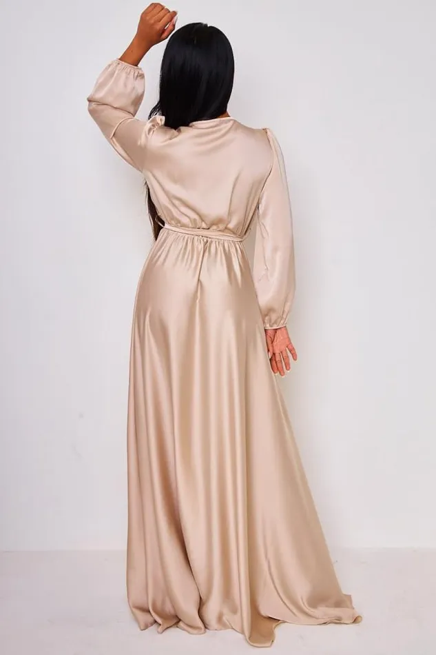 Women Satin Belted Maxi Dress In Beige Beige Brentiny Paris Satin Dresses