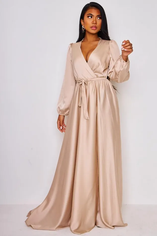 Women Satin Belted Maxi Dress In Beige Beige Brentiny Paris Satin Dresses