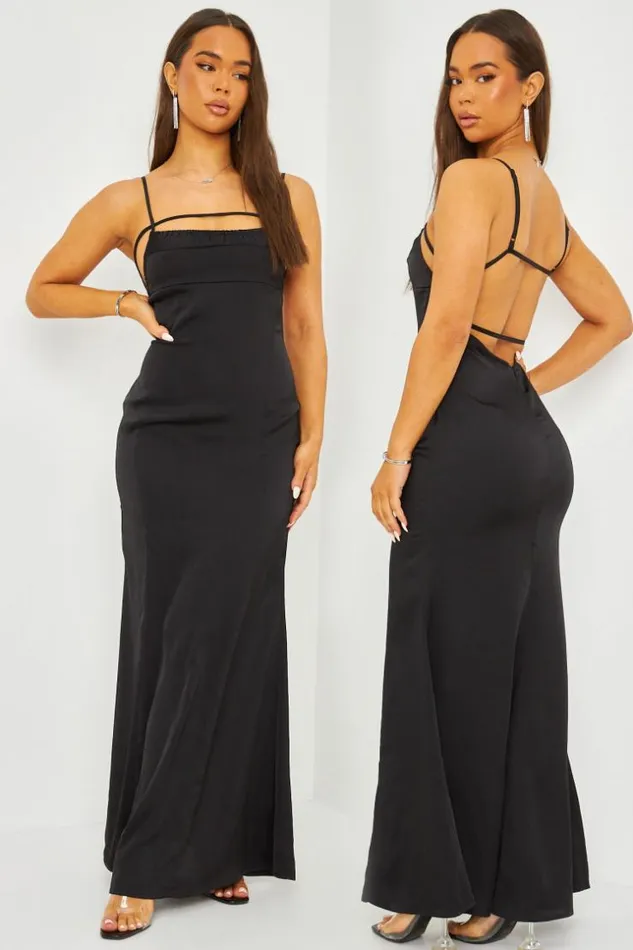 Women Satin Cami Maxi Dress With Open Back In Black Black Brentiny Paris Satin Dresses