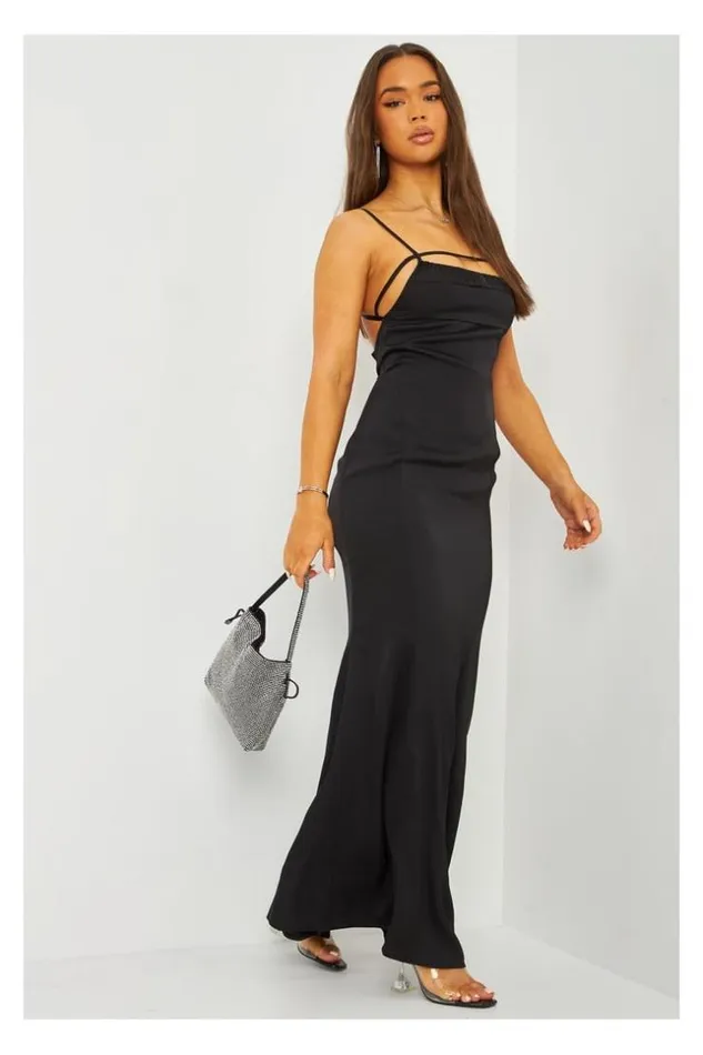 Women Satin Cami Maxi Dress With Open Back In Black Black Brentiny Paris Satin Dresses