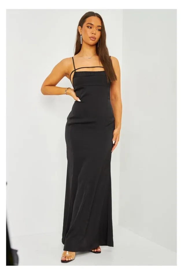 Women Satin Cami Maxi Dress With Open Back In Black Black Brentiny Paris Satin Dresses