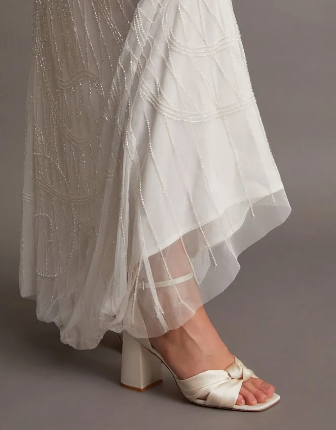 Women Satin Knot Block Heeled Sandals Ivory Monsoon Wedding Shoes