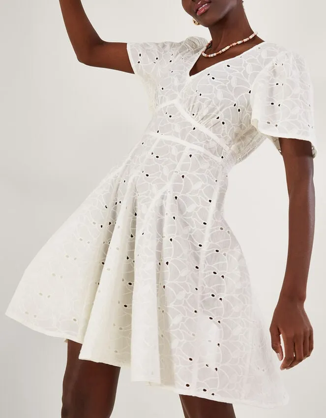 Women Schiffli VNeck Pleated Short Dress White Monsoon Dresses