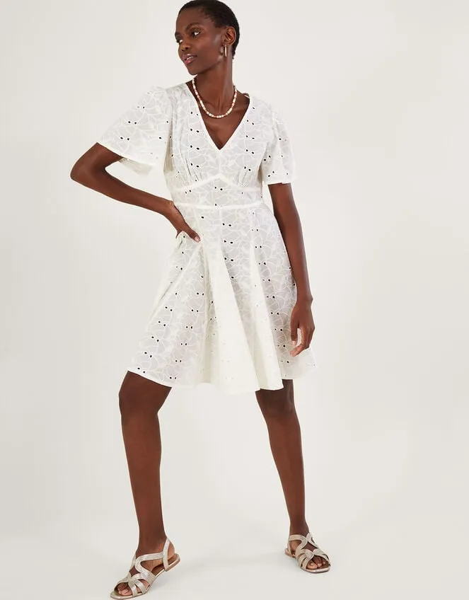 Women Schiffli VNeck Pleated Short Dress White Monsoon Dresses