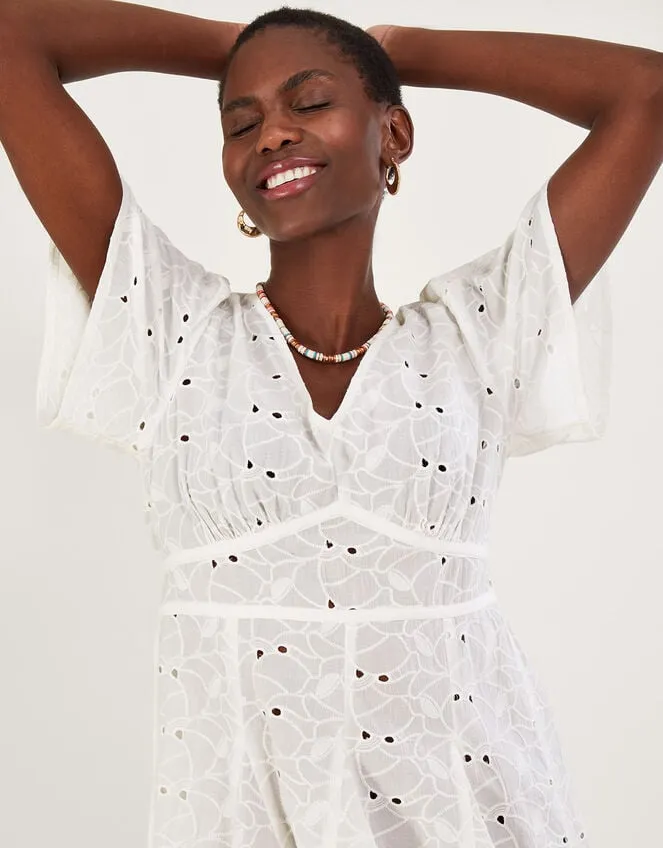 Women Schiffli VNeck Pleated Short Dress White Monsoon Dresses
