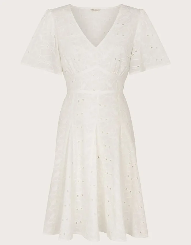 Women Schiffli VNeck Pleated Short Dress White Monsoon Dresses