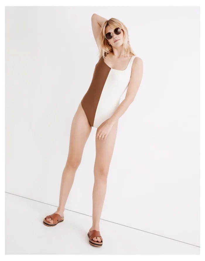 Women Second Wave Square Neck Tank One Piece Swimsuit In Colorblock Weathered Walnut Madewell Swim
