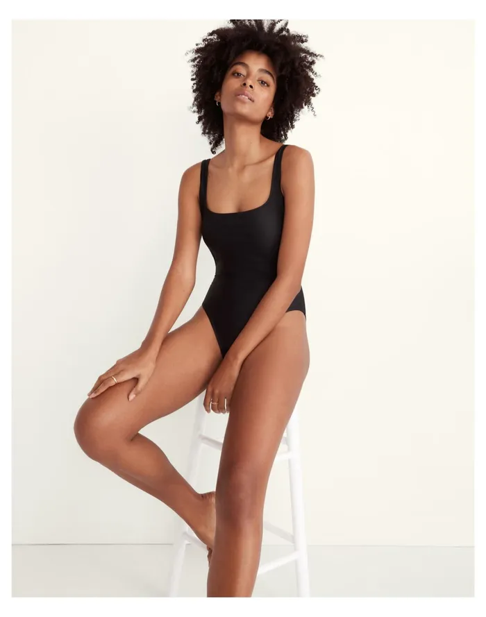 Women Second Wave Square Neck Tank One Piece Swimsuit True Black Madewell Swim Women Second Wave Square Neck Tank One Piece Swimsuit True Black Madewell Swim