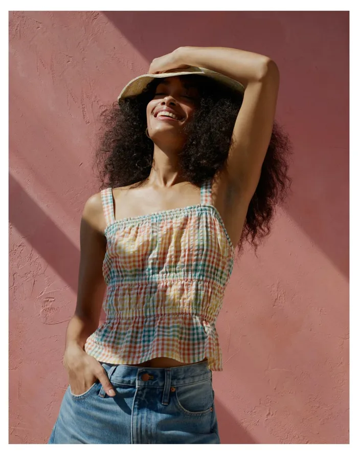Women Seersucker Sophia Peplum Tank In Rainbow Gingham Check Polished Jade Madewell Tops and Shirts Women Seersucker Sophia Peplum Tank In Rainbow Gingham Check Polished Jade Madewell Tops and Shirts