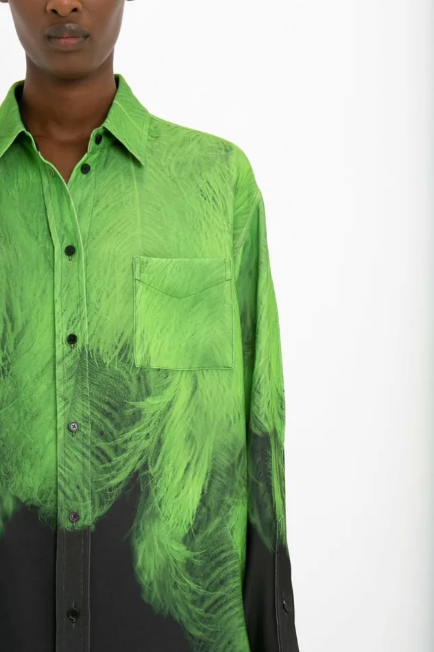 Women Shirts and Tops Victoria Beckham Oversized Digital Feather Print Shirt In BlackGreen