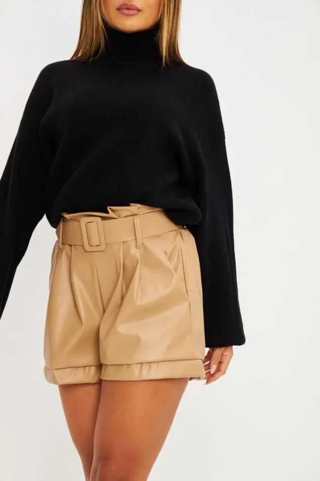 Women Short En Simili Cuir Beige Fonc Darkbeige Brentiny Paris Shorts