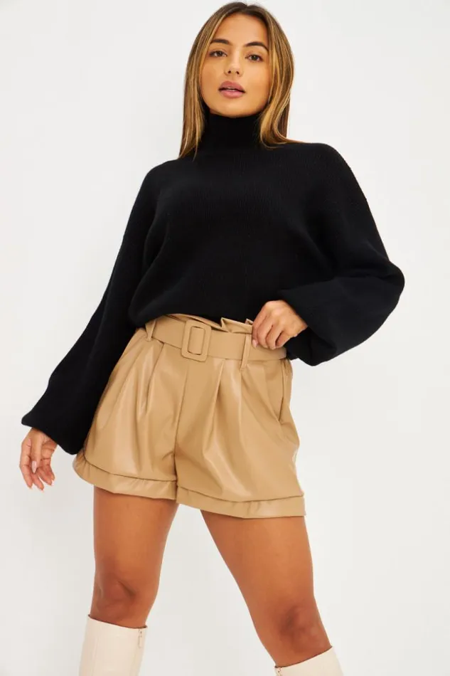 Women Short En Simili Cuir Beige Fonc Darkbeige Brentiny Paris Shorts