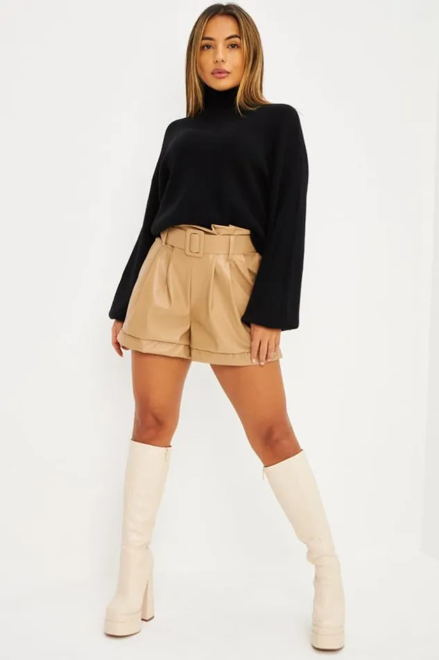 Women Short En Simili Cuir Beige Fonc Darkbeige Brentiny Paris Shorts