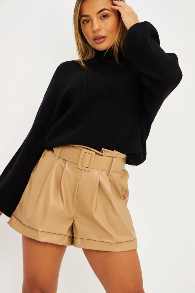 Women Short En Simili Cuir Beige Fonc Darkbeige Brentiny Paris Shorts