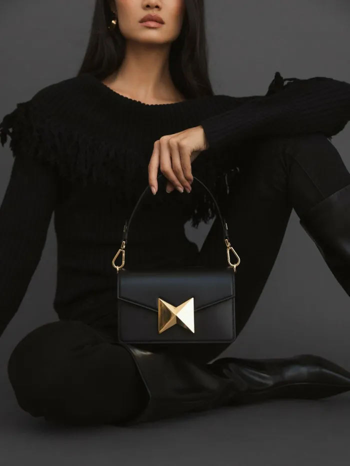 Women Shoulder Bags Mac Duggal Classic Leather Shoulder Bag With Gold Hardware 8211 FINAL SALE Black