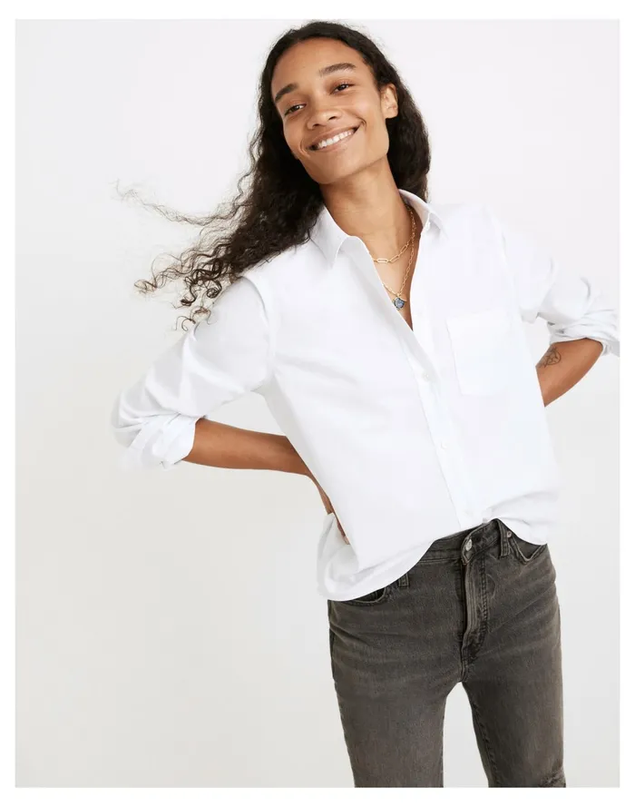 Women Shrunken Button Down Oxford Shirt Eyelet White Madewell Tops and Shirts