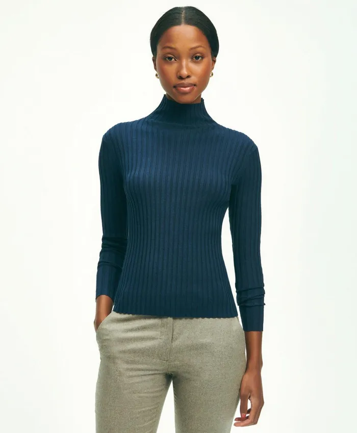 Women SilkBlend Mock Neck Ribbed Sweater Navy Brooks Brothers Sweaters