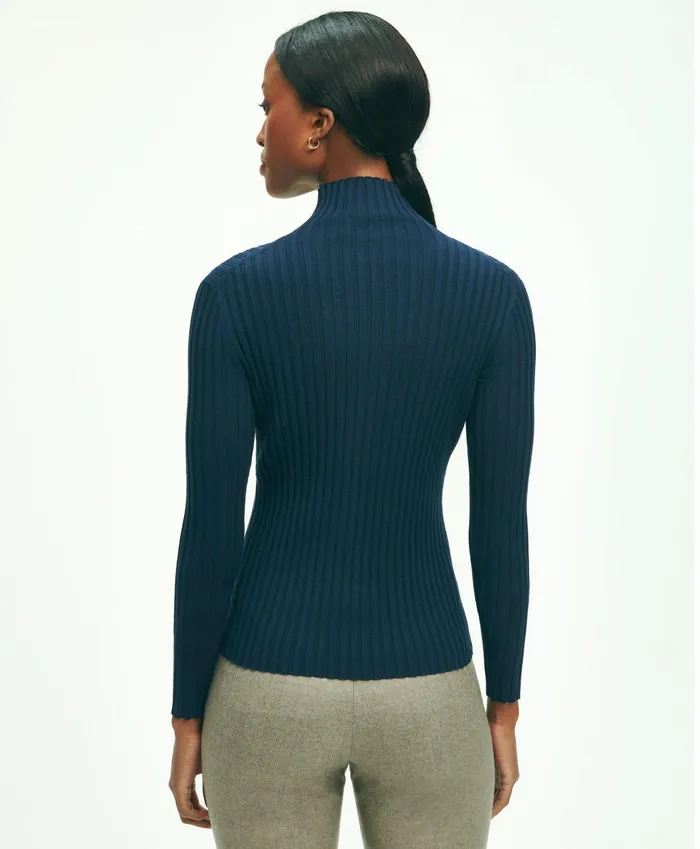 Women SilkBlend Mock Neck Ribbed Sweater Navy Brooks Brothers Sweaters