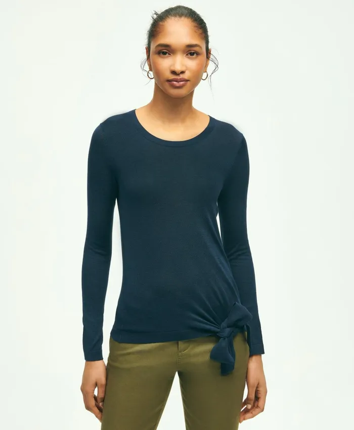 Women Silk Viscose Crewneck Sweater Navy Brooks Brothers Sweaters