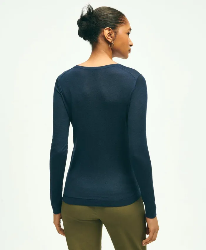Women Silk Viscose Crewneck Sweater Navy Brooks Brothers Sweaters