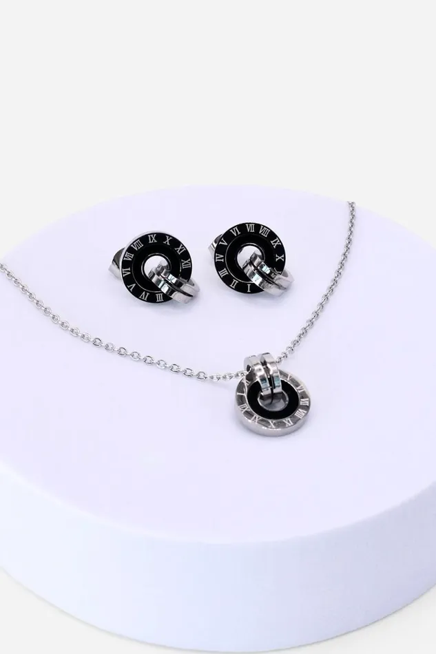Women Silver Chunky Hoop Necklace and Earring Set Roman Jewellery