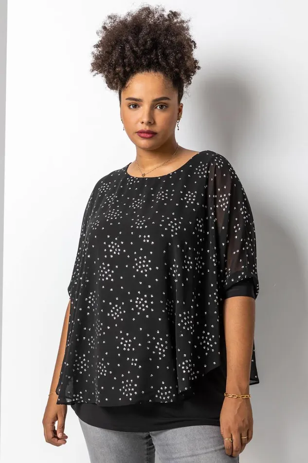 Women Silver Curve Foil Print Overlay Top Roman Tops