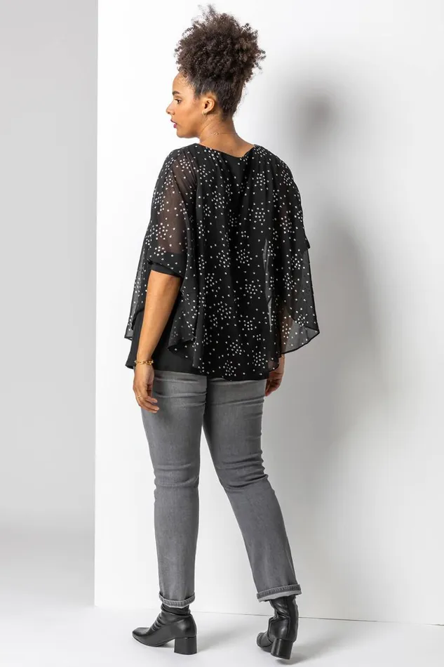 Women Silver Curve Foil Print Overlay Top Roman Tops