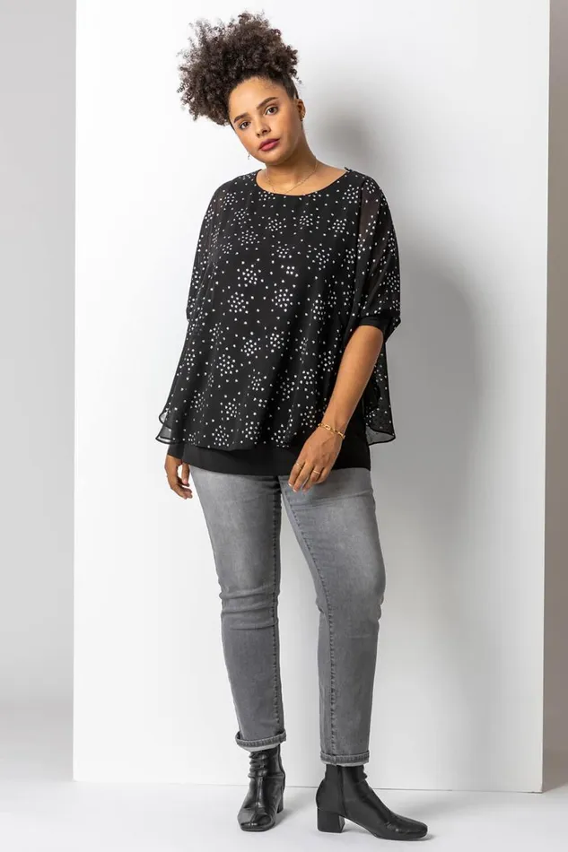 Women Silver Curve Foil Print Overlay Top Roman Tops