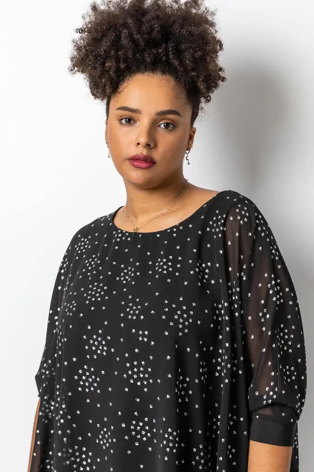 Women Silver Curve Foil Print Overlay Top Roman Tops