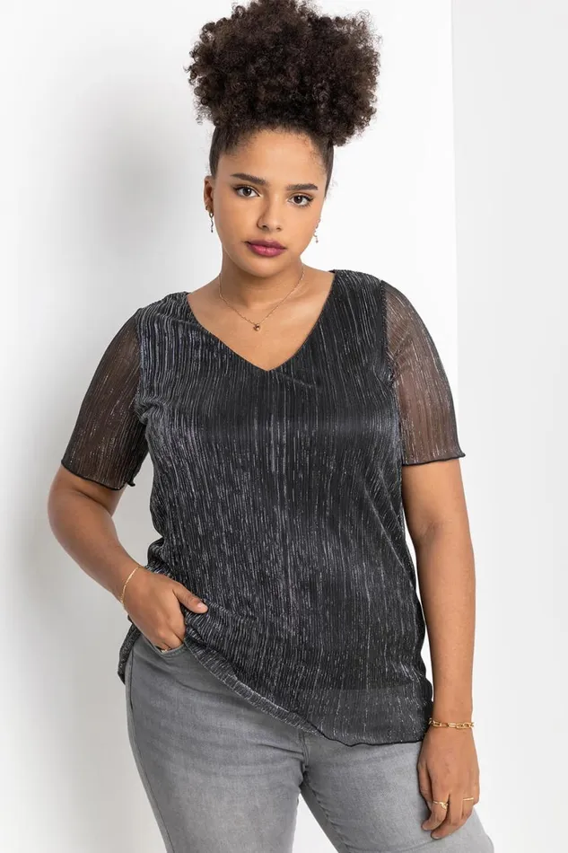 Women Silver Curve Metallic Plisse Top Roman Tops