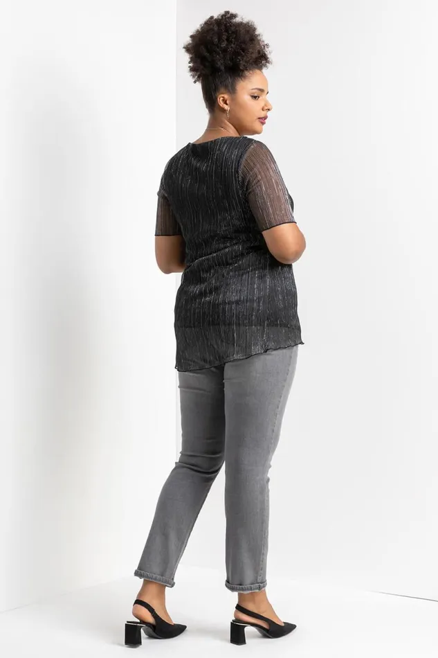 Women Silver Curve Metallic Plisse Top Roman Tops