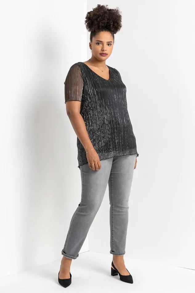 Women Silver Curve Metallic Plisse Top Roman Tops