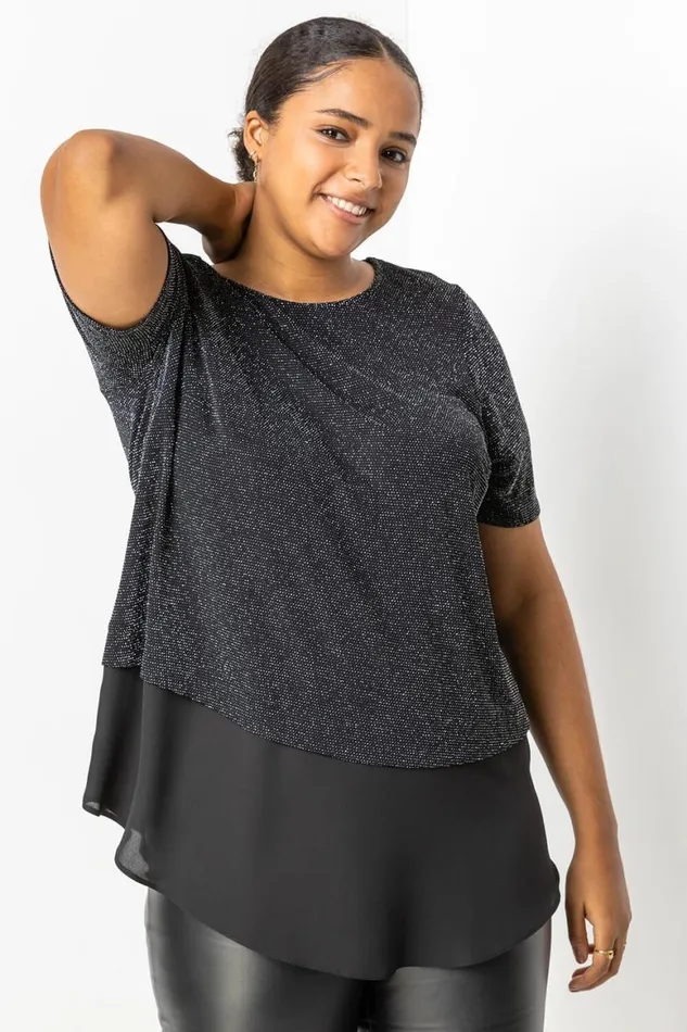 Women Silver Curve Sparkle Overlay Tunic Top Roman Tops
