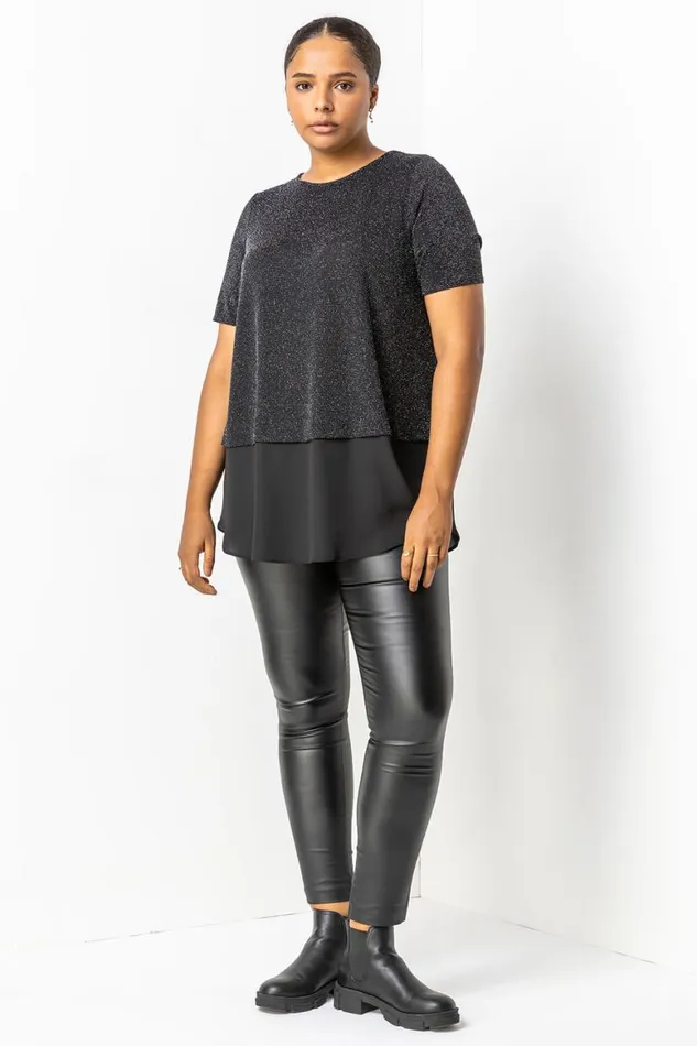 Women Silver Curve Sparkle Overlay Tunic Top Roman Tops