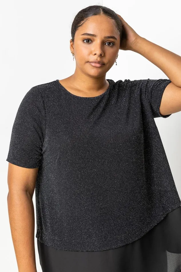 Women Silver Curve Sparkle Overlay Tunic Top Roman Tops