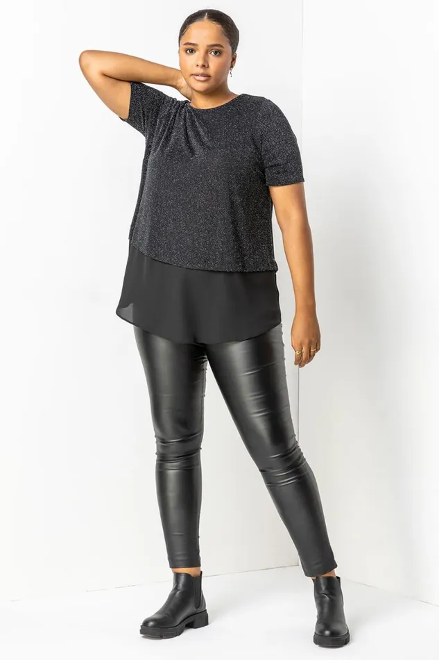 Women Silver Curve Sparkle Overlay Tunic Top Roman Tops