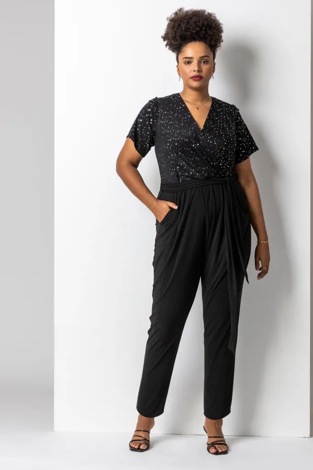 Women Silver Curve Sparkle Wrap Jumpsuit Roman Dresses